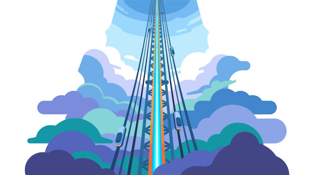 Massive futuristic space elevator ascending through vibrant atmospheric clouds flat design vector illustration.