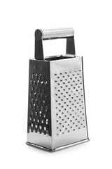 Food preparation and cooking concept, stainless steel box grater for kitchen tasks and culinary skills isolated on a clean white background © Pixel-Shot