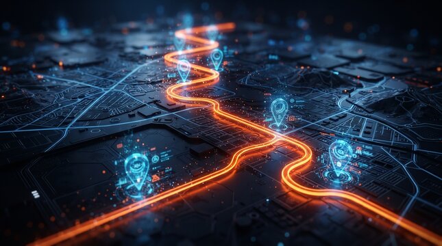 Digital Navigation Route with Location Pins and Glowing Lines on Futuristic City Map