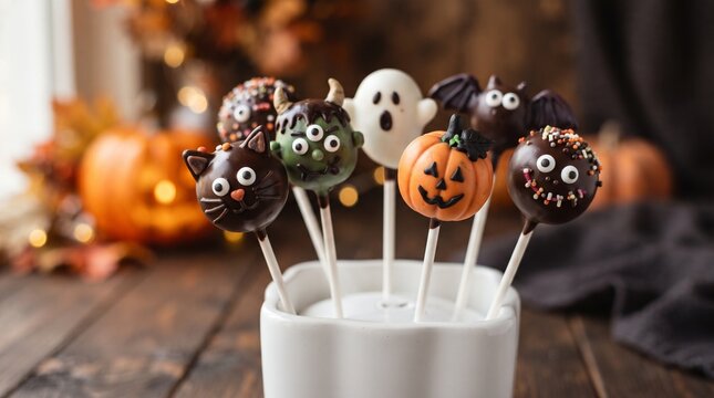 Assortment of Halloween themed cake pops including a cat, monster, ghost, pumpkin, and bat