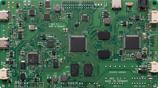 Close up of a complex green printed circuit board with many electronic components