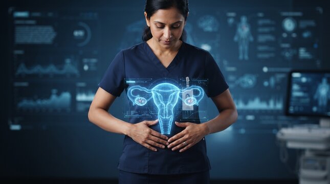 Doctor displays holographic female reproductive system in futuristic medical setting