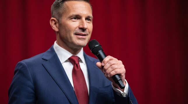 Man in Suit Speaking into Microphone with Red Background
