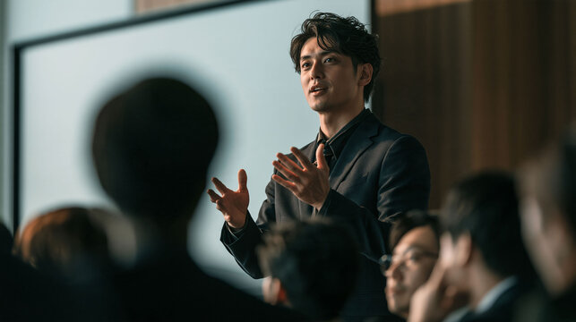 会議室で資料を使って発表する新社会人の仕事風景