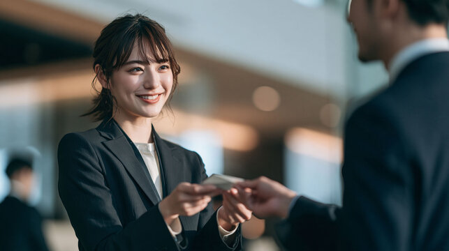 信頼関係の第一歩として名刺交換を行う会社員のビジネスシーン