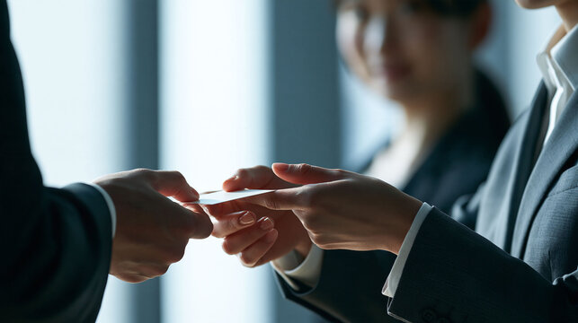初対面の相手と礼儀正しく名刺交換をする社会人の職業イメージ