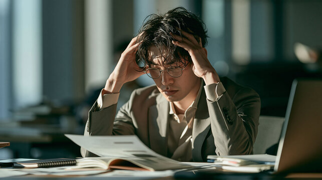 パソコンの前で考え込み困った様子を見せる新社会人のオフィスシーン