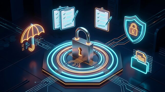 Cybersecurity concept featuring padlock and neon icons