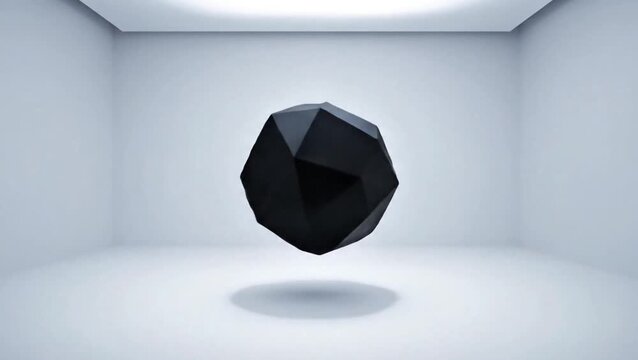 A single black geometric polyhedral object floating in a minimalist white studio room.