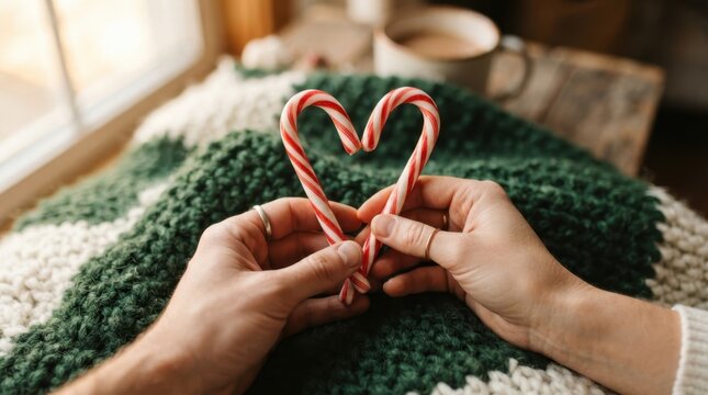 Hands holding two candy canes shaped into a heart over a cozy green and white knitted blanket
