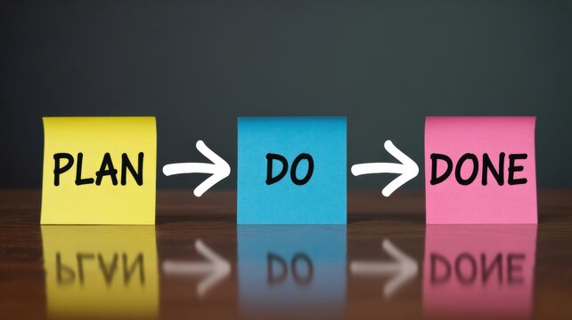 Three colorful sticky notes showing a workflow process of plan do and done on a wooden desk surface with reflective wooden table