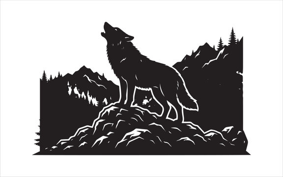 Black and white silhouette illustration of a lone wolf howling on a rocky mountain peak at night