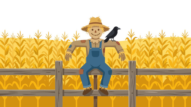 Cute scarecrow sitting on rustic wooden fence in golden harvest cornfield with crow flat vector illustration.