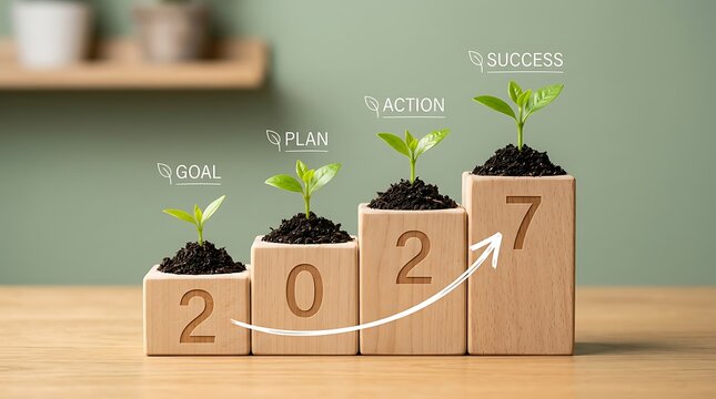 Wooden blocks with 2027 and growing plant seedlings