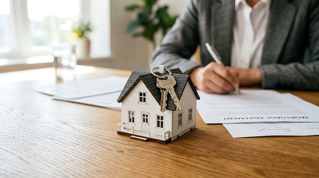 Person signing mortgage agreement with house model
