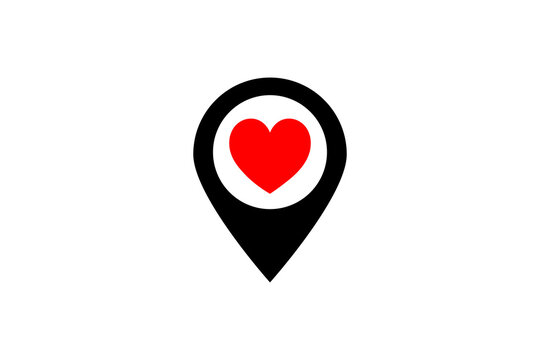 Red heart location pin icon love marker, map pin, navigation symbol for minimalist flat design conveying love, romance, location, and favorite place for apps