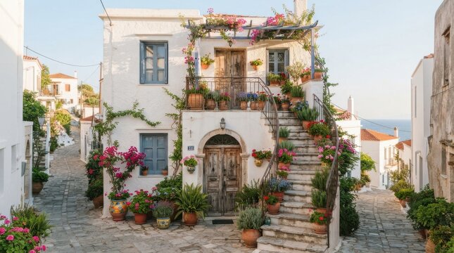 Charming white Mediterranean house with a stone staircase and vibrant potted flower gardens