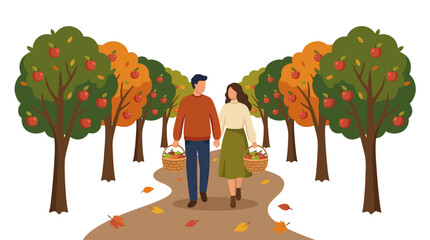 Fototapeta premium Romantic young couple harvesting red apples in vibrant autumn garden during fall season flat design vector illustration.