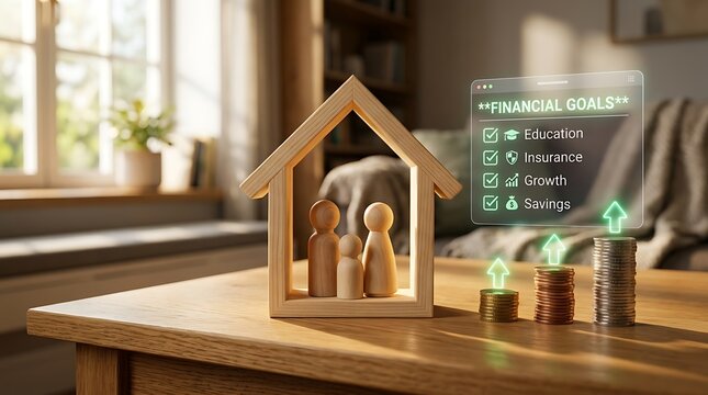 Wooden house with family figures and financial goals