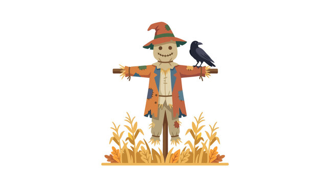 Smiling scarecrow standing in an autumn cornfield with a black crow perched on its arm flat design vector illustration.