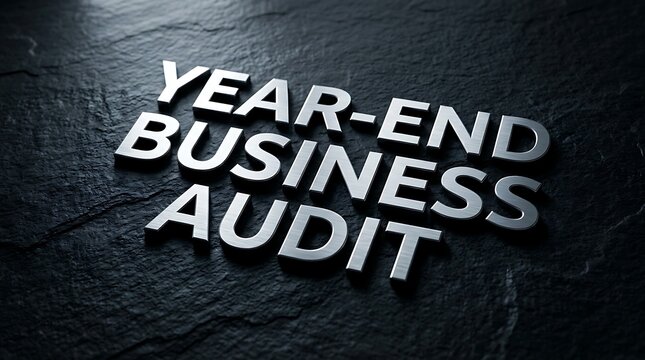 Year end business audit text on dark stone texture