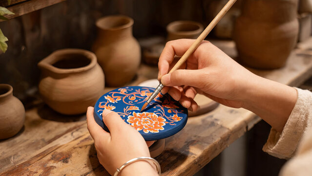 A craftsman uses a fine brush to paint traditional floral patterns on a handmade ceramic disc in a pottery workshop.