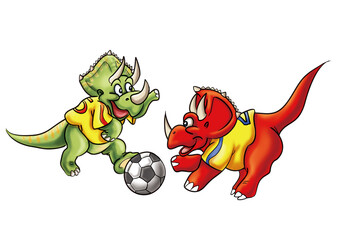 Two Cartoon Triceratops Playing Soccer  © Jihua
