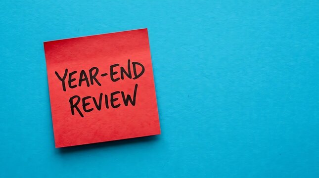 Red sticky note with year end review on blue background