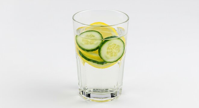 Refreshing Cucumber and Lemon Infused Water: A tall glass filled with clear water, adorned with slices of refreshing cucumber and vibrant lemon, promising a healthy and invigorating beverage.