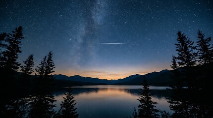 Fototapeta premium Starry night sky over mountain lake and pine forest
