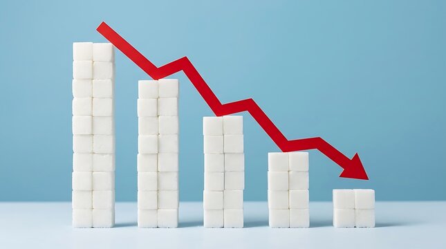 Sugar cube bar chart with downward red arrow