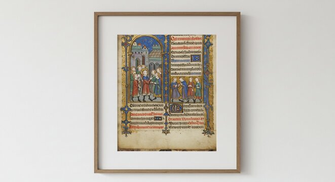 Illuminated Manuscript Page: An ancient illuminated manuscript page, framed elegantly, showcases a religious scene with intricate calligraphy and vibrant colors.