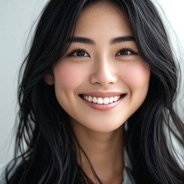 Happy Asian female model looking at the camera with a joyful expression, showcasing rosy cheeks and long wavy black hair