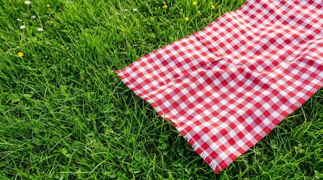Top view of a checkered red and white picnic tablecloth on green grass background.