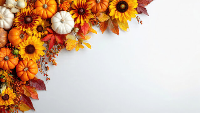 Autumn arrangement of pumpkins sunflowers and fall leaves on a white background