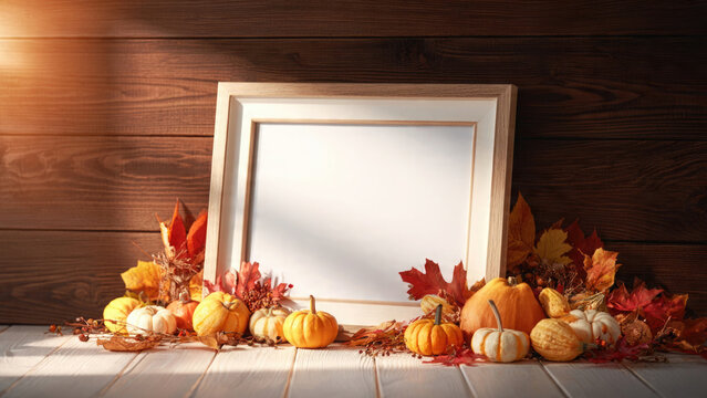 Autumn still life with pumpkins colorful leaves and an empty picture frame on wood