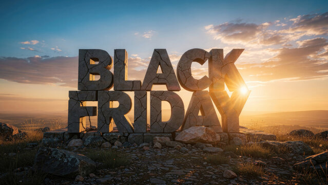 Black Friday sale sign made of stone against a dramatic sunset sky and landscape