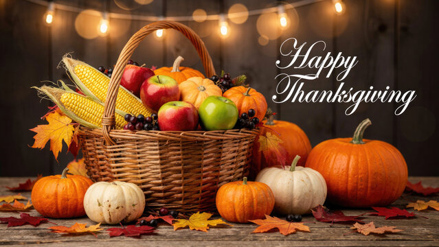Autumn harvest basket with pumpkins apples corn and fall leaves for a happy thanksgiving celebration