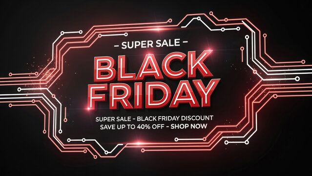 Black Friday sale banner with glowing red circuit board design and discount text on black background