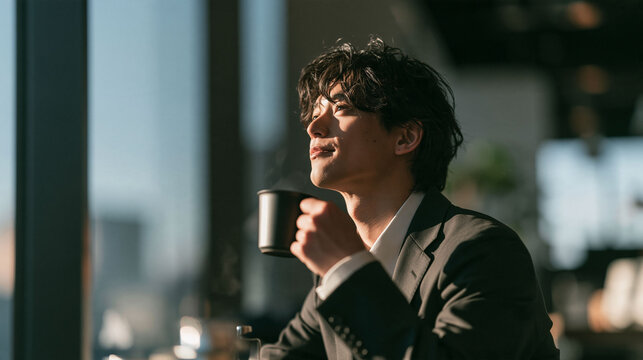 やりがいを感じながら働く若手社員の休憩時間とコーヒーのある風景