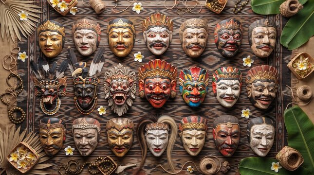 Collection of Traditional Indonesian Wooden Masks on Batik Fabric Background