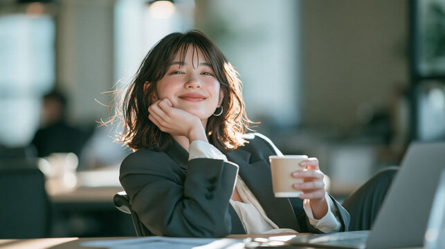 コーヒーブレイクで気分転換をする新社会人1年生のオフィスライフイメージ