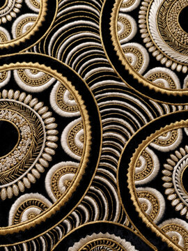 Luxury Gold and Silver Embroidery on Black Velvet Background, Elegant Geometric Mandala Pattern with Metallic Threads and Beads, Ornate Haute Couture Textile Texture