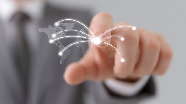 Businessman Touching Global Network Communication Map Points Virtual Screen Concept Image   
