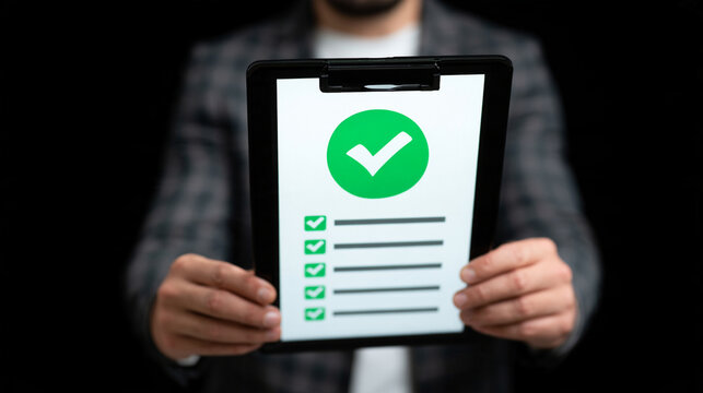 Businessman Holding Clipboard Showing Approved Checklist Icon With Green Checkmark Symbol