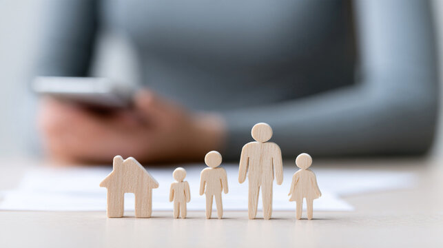 Paper Family Cutout Figure Standing On Wooden Desk With Woman Smartphone 