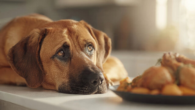Longing golden retriever looking at roasted chicken and vegetables on a kitchen counter