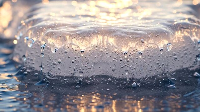 Close up of ice cube melting in water.
