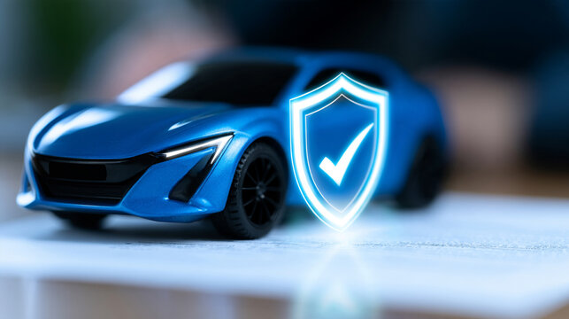 Blue Toy Car Model Standing On Paper Document With Glowing Shield 