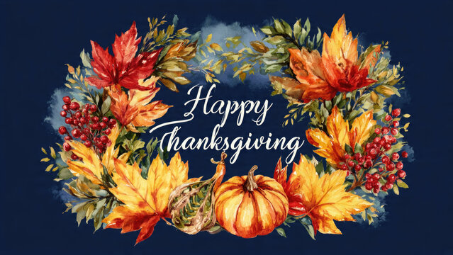 Watercolor autumn leaves and pumpkin arrangement with happy thanksgiving calligraphy on dark blue background